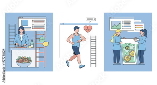 Healthy life concept set showing people eating food running daily and drinking water to stay fit and well
