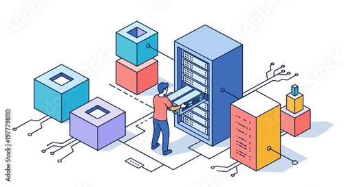 IT guy fix pc web data bank tech base hub work gear unit disk room