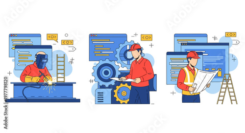 Industrial manufacturing worker welding metal gear engineer check plan construction site building factory project development