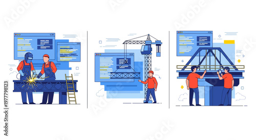 Industrial steel fabrication workers building heavy metal bridge using crane and welding tools for engineering project team work