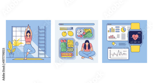 Holistic Healthy Lifestyle Yoga Exercise Balanced Diet Nutrition And Digital Fitness Tracker Activity Monitoring Data