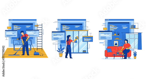 Professional home maintenance service and house cleaning featuring staff vacuuming floors cleaning windows and living room areas