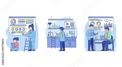 Lifelong learning stages showing students and professionals engaged in science research and data analysis across different educational levels and careers
