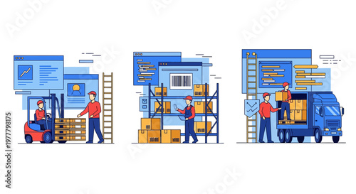 Man at work with box van car and big lift for fast ship at warehouse