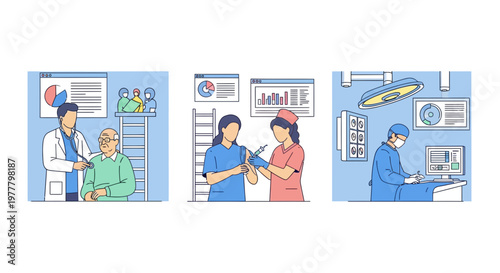 Flat vector medical healthcare scenes featuring doctor checkup nurse vaccination and professional surgeon in operating room