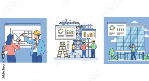 Real estate development phases including architectural planning building construction site and the final finished modern office building project