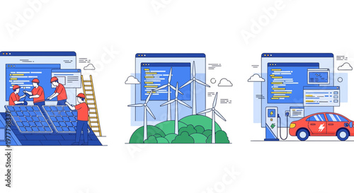 Renewable energy industry solar panel installation wind turbines and electric vehicle charging station technology green power sustainable development