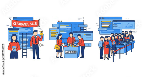 Vector Illustration Of People Shopping During Seasonal Clearance Sale Promotion At Retail Store With Long Queues And Discount Bins