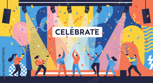 Diverse people celebrating with confetti and sparklers on a colorful stage