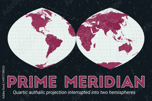 Prime Meridian. World map. Quartic authalic projection interrupted into two hemispheres centered to Prime Meridian. Pale Mint Dark Pink palette. Vintage texture. Captivating vector illustration.