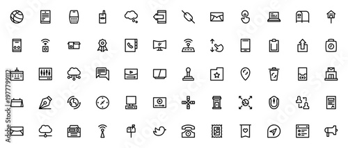 Communication and media icon set. Minimal vector icons pack. Includes symbols for smartphone, email, wifi, chat, globe, television, social media and more. Editable stroke.