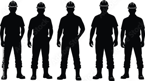 Construction worker silhouettes, safety helmet design, industrial personnel vector, teamwork concept, labor force illustration, professional uniform style, flat vector illustration