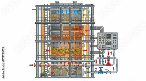 Industrial facility blueprint with pipes and machinery.