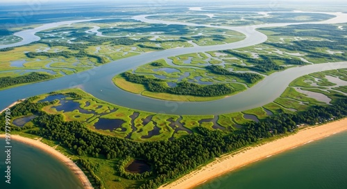 Aerial view of a winding river flowing through lush green wetlands and coastal areas.