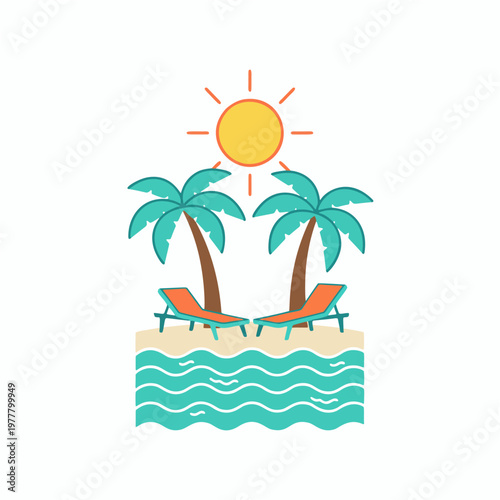 Simple flat design illustration of a sunny tropical beach paradise with palm trees, beach chairs, and calm ocean waves, ideal for summer holidays and relaxation