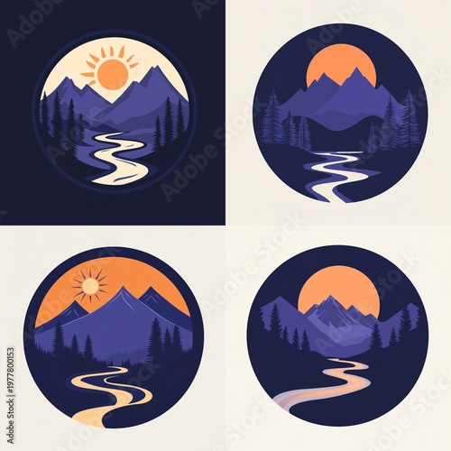 Minimalist flat logo featuring mountains, river, and pine trees in earthy tones