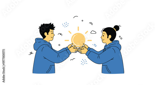 Teamwork, partnership, collaboration, business concept, two people, blue hoodies, sunny