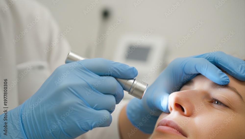 Naklejka premium A medical professional wearing blue gloves is examining a patient's face with a penlight in a clinical setting.