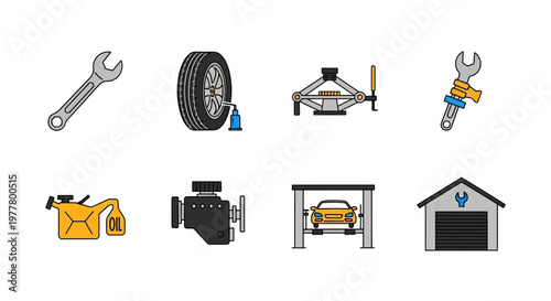 Car repair tools and garage icons.