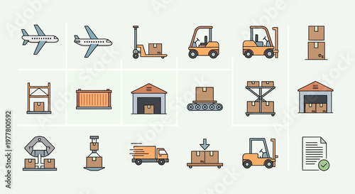 Logistics icons with various industrial vehicles.