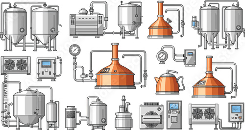 Set of Brewery Equipment Illustrations Including Fermentation Tanks, Distillation Units, Brewing Systems, and Industrial Beer Production Machinery