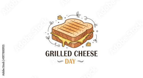 A vector illustration celebrates Grilled Cheese Day with a cartoon grilled cheese sandwich featuring golden toasted bread and delicious melted cheese, set against a clean white background