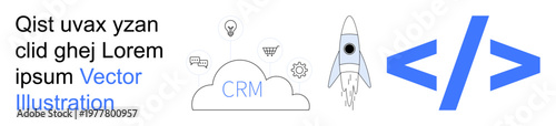 Technology, CRM systems, innovation, coding, cloud application, launching new ideas. Rocket and cloud with CRM text surrounded by gear and lightbulb icons. Technology and CRM systems innovation