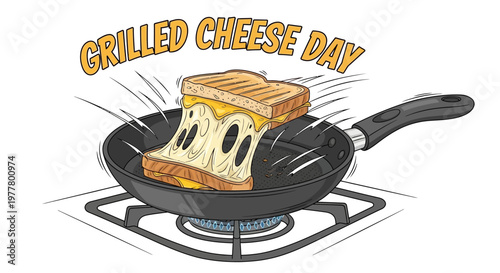 Vector illustration celebrating Grilled Cheese Day, featuring a melted cheese sandwich in a frying pan on a stove, with golden toasted bread and gooey cheese melt, against a clean white