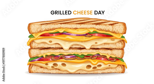 A cheesy vector illustration celebrates Grilled Cheese Day with a close-up of a melted cheese sandwich featuring golden toasted bread and fresh vegetables against a clean white background