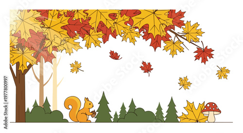 A cartoon squirrel sits under a tree with colorful autumn leaves, surrounded by pine trees and a mushroom on a white background.