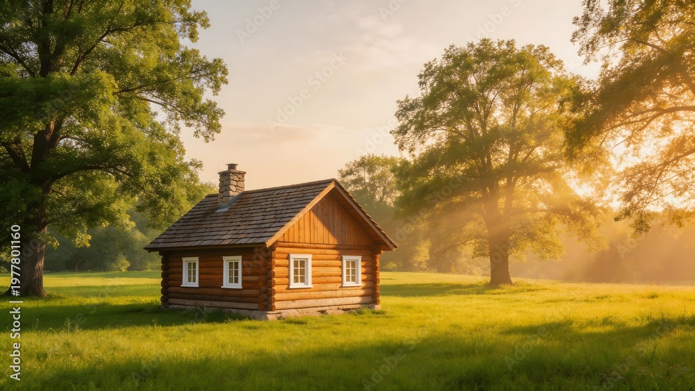 Obraz premium Wooden cabin in grassy field
