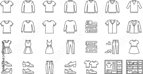 Set of Clothing and Fashion Icons Featuring Shirts, Dresses, Pants, Shoes, Wardrobe Organization, and Apparel Collection Elements