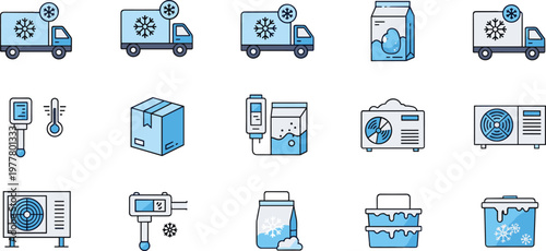 Set of Cold Chain Logistics and Refrigeration Icons Featuring Frozen Transport, Temperature Control, Cooling Systems, and Perishable Storage