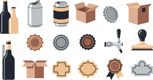 Set of Beer Packaging and Branding Elements Including Bottles, Cans, Caps, Labels, Taps, and Box Packaging for Brewery Design