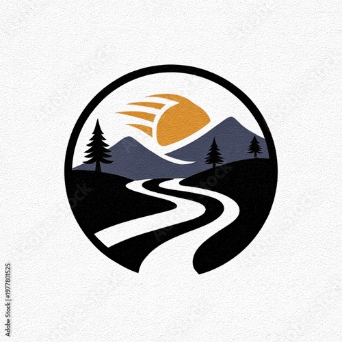 Bold monoline logo featuring mountains and a flowing river