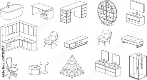 Isometric Line Art Collection Showcasing Various Home Furniture and Fixtures, Including Desks, Chairs, Cabinets, and Bathroom Elements for Design Layouts