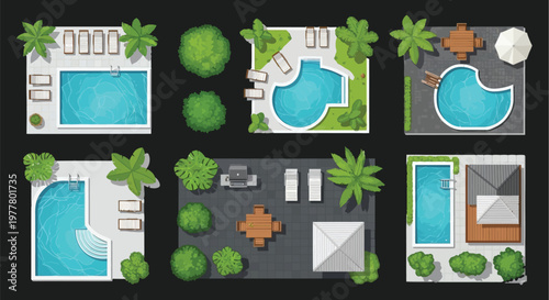 A collection of six different top-down views showcasing various swimming pool designs and backyard layouts, including lounge chairs, umbrellas, and landscaping.