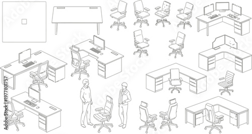 A comprehensive collection of office furniture items, including various ergonomic chairs and L-shaped desks, presented in a technical line art vector illustration style.