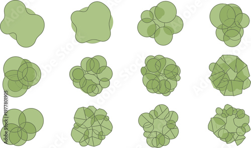 Abstract green shapes illustrating geometric and organic forms in a grid layout, showcasing different stages of aggregation and structural complexity.