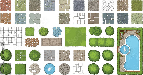 A comprehensive collection of landscape design elements, including various paving stones, grass patches, bushes, and a swimming pool, presented in a top-down vector illustration style.