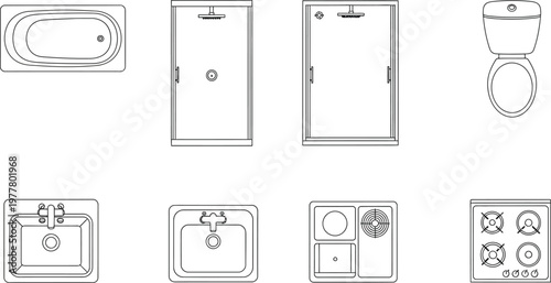 A comprehensive collection of black and white line art illustrations depicting various household fixtures for kitchen and bathroom design plans, including sinks, toilets, and stovetops.