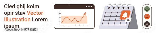 Business planning, data tracking, project management, time optimization, feedback collection, productivity improvement. Chart showing growth, calendar with a reminder and user icons. Data tracking