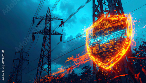 Power Grid Security: A conceptual representation of power grid security featuring a digital shield superimposed on high-voltage power lines and transmission towers.