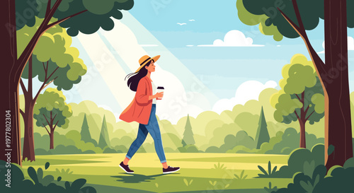 Woman walks in green park holding coffee cup under sunlit sky in afternoon