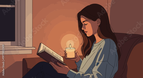 Woman reads a book by candlelight in a cozy room during nighttime