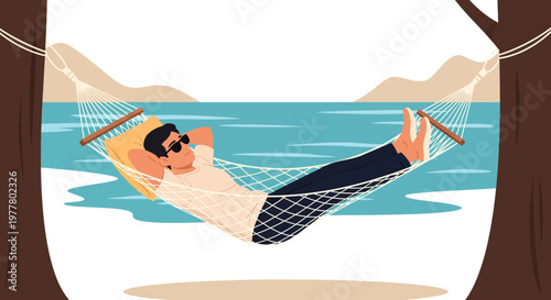 Man relaxes in hammock by the sea during a sunny day with mountains in the background and calm waters