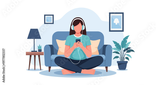 Woman listens to music while sitting on the floor in a cozy living room in the evening with plants and decor around