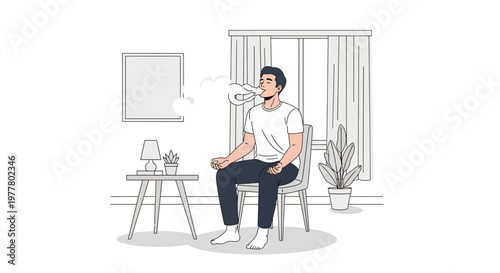Man sitting on a chair breathing out smoke in a simple room during the daytime