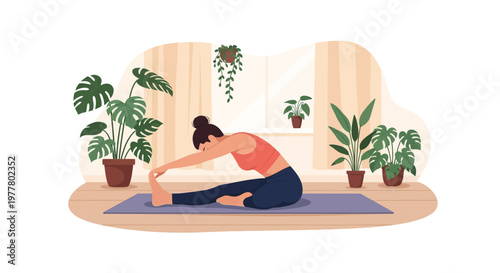 Woman stretches in a home space surrounded by indoor plants during a yoga session in the morning light