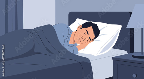 Man sleeps comfortably in bedroom at night with soft lighting and calm atmosphere